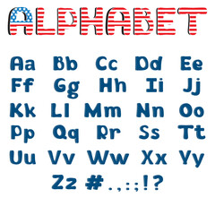 Cartoon alphabet. American ABC font set. Letters poster isolated on white background. American flag.