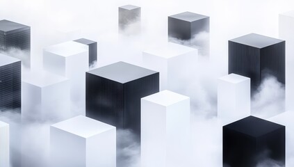 Abstract cityscape, floating cubes of black and white, nestled in a cloud-filled atmosphere  A minimalist, futuristic design, showcasing a serene, modern perspective on urban architecture