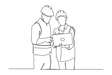  Continuous one line drawing of young architect discussing construction design with foreman manager. Building architecture business concept.