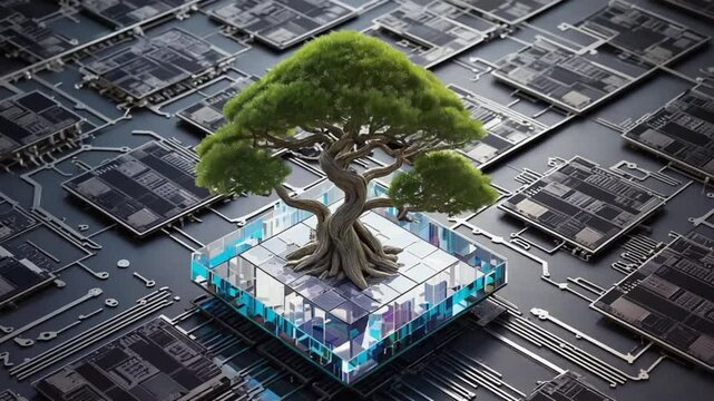 AI generated Green natural eco-friendly tree and computer technology on an abstract high-tech futuristic background of microchips and computer circuit boards with transistors