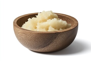 Creamy, pale-yellow food in a wooden bowl.  Small, lumpy texture.  Appears smooth and spreadable