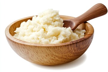 Creamy, light-yellow mashed food in a wooden bowl with a wooden spoon.  It's soft, textured, and appears ready to eat