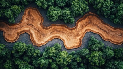 Aerial view of winding river through lush forest