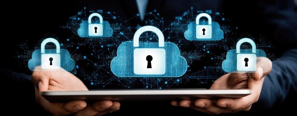 Cloud security with digital padlock icons.  Hands hold tablet displaying multiple cloud icons, each with a secure lock graphic.  Overlayed with a network of digital elements