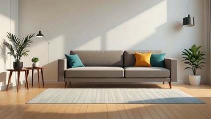 Modern Living Room Interior Design Sofa, Plants, and Lighting