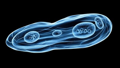 A microscopic,  elongated  single-celled  organism,  likely a  paramecium.  Internal structures  show  vacuoles