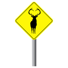 Deer silhouette wildlife crossing sign board vector illustration set.Readily editable and usable wild animal yellow sign graphic element.Beautiful and unique horned deer bright yellow caution boards.