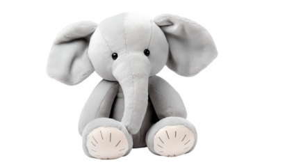 A soft gray elephant plush toy sitting upright with large ears and a long trunk on a transparent background png