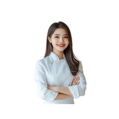 Confident Female Chef in White Uniform with Arms Crossed