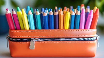 Colorful stationery collection inside a vibrant orange pencil case perfect for creative projects and artistic endeavors