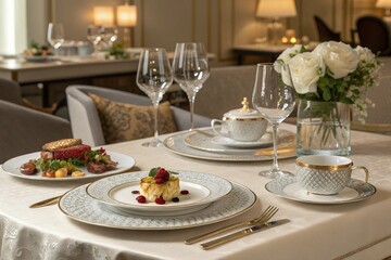 Fototapeta premium Fine Dining Experience Exquisite Cuisine & Elegant Table Setting