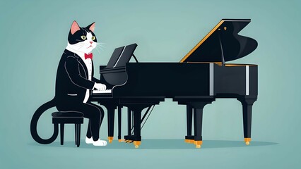 Elegant tuxedo cat plays grand piano musical feline artistry