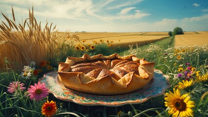 Pie in field with sunflower and wheat