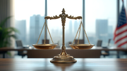 Golden scales on an office desk in the interior of a modern business center — a concept of balance, legal assessment and financial stability