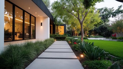 Obraz premium Modern home exterior with landscaped walkway