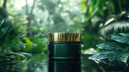 Luxurious green jar in lush jungle setting