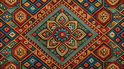 Intricate geometric patterns woven into a richly textured fabric with swirling shapes and vibrant colors, woven art, intricate patterns