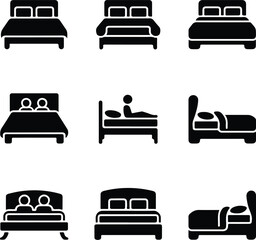 Double Bed Silhouette Set | Furniture Icon Pack for Interior Design Modern Bed Icon Silhouettes | Bedroom, Sleep, and Hotel Symbols