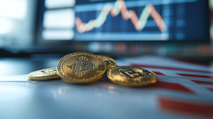 Golden new bitcoins lying on the US flag against the background of a growing stock market chart on an interactive whiteboard in a business center