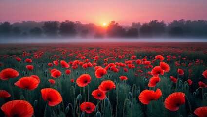 Obraz premium Red poppies blooming in a field at sunset with fog