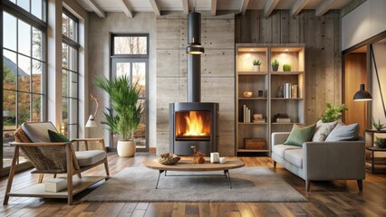  Fireplace in contemporary living room with wood burner stove, burning flame behind glass door , rustic furniture, contemporary decor