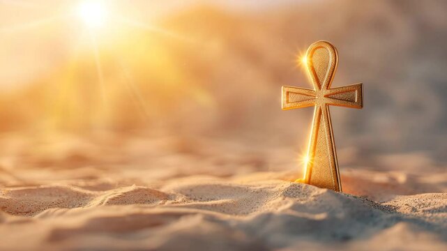 Ankh Symbol in Golden Light: A radiant golden ankh symbol, positioned prominently in the foreground, stands on a bed of textured sand bathed in the warm glow of sunlight. Evoking spirituality.
