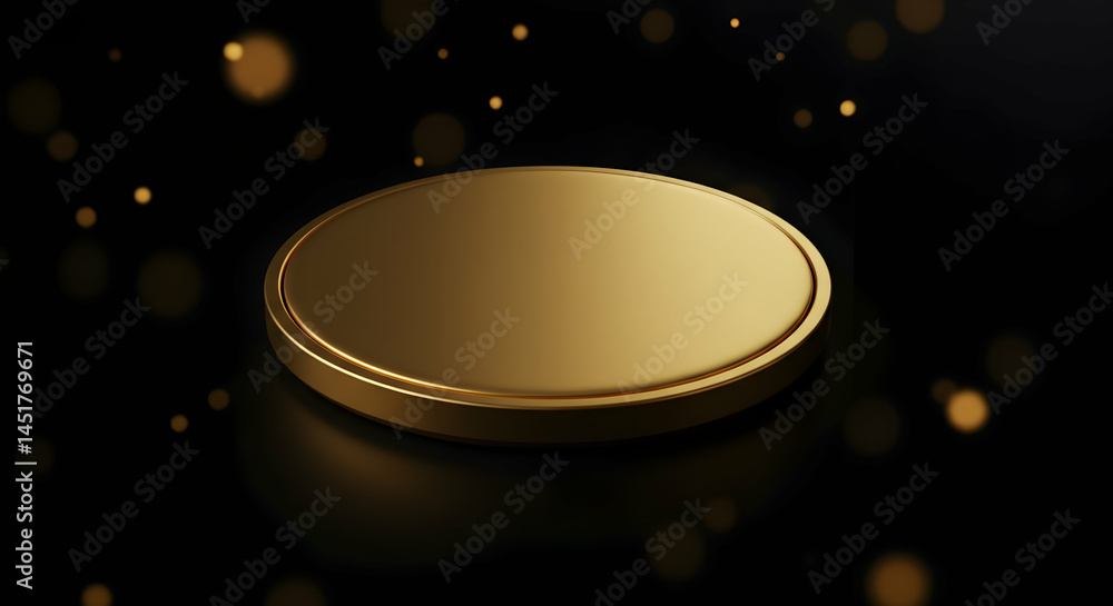 Poster golden round platform on black background with bokeh