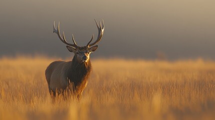 Obraz premium A striking wildlife photo capturing a deer with impressive antlers bathed in the warm glow of sunrise.
