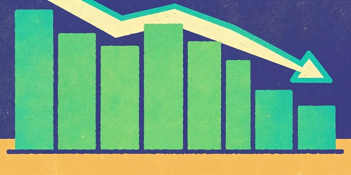 Declining green bar chart with sharp downward arrow on clean blue background