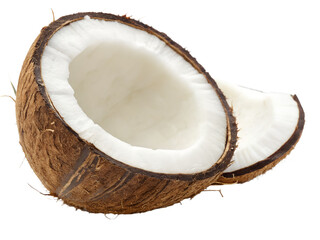 Fresh Coconut Half with White Pulp. Close-up of a halved coconut showing the rough brown shell and white edible flesh, perfect for tropical, food, or skincare themes