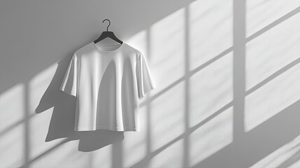 Elegant minimalist white t-shirt on hanger with soft window shadows creating a clean and modern style presentation