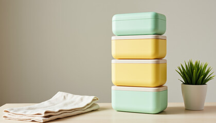 Minimal pastel lunchboxes stacked on shelf with napkin, mindful meal prep