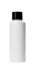 A white plastic bottle with a black cap for shampoo, front view, isolated on Png Format and Transparent Background