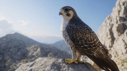 Fototapeta premium A stunning 3D portrait of a falcon perched majestically on a rocky cliff, showcasing the intricate details of its feathers and intense gaze.