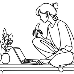 Woman enjoying banana while working on laptop sitting on floor in minimalist environment, vector outline of one line drawing