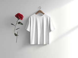 Elegant White T-Shirt Presentation with Red Rose on a Wooden Hanger