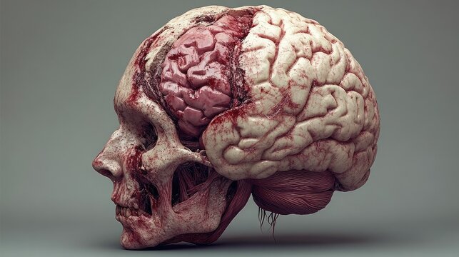 Detailed 3D anatomical illustration of a human head and brain, showing exposed inner structures