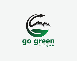 reforestation, go green logo, mountain that merges with arrows in a circular leaf, logo design template