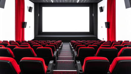 A stylish movie theater featuring bold black and red cinema seats facing a blank screen, offering ample copy space Png