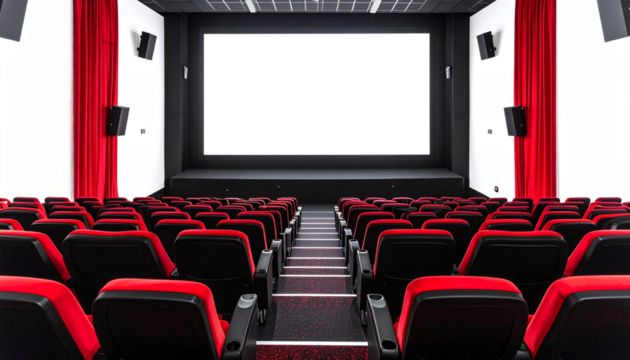 A stylish movie theater featuring bold black and red cinema seats facing a blank screen, offering ample copy space Png