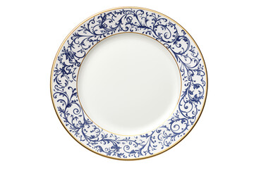 A white plate with a blue floral pattern and a gold rim sits centered on a transparent background png