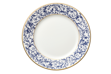 A white plate with a blue floral pattern and a gold rim sits centered on a transparent background png