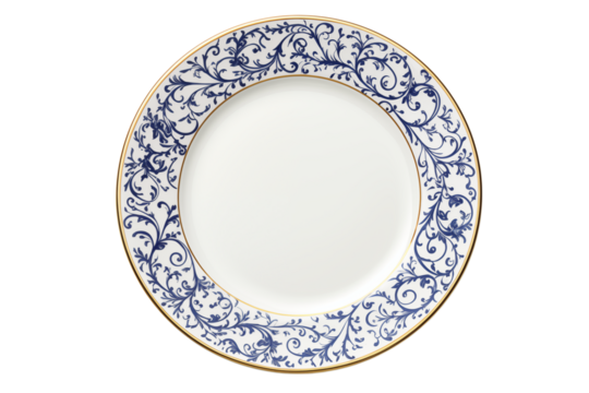 A white plate with a blue floral pattern and a gold rim sits centered on a transparent background png - Powered by Adobe
