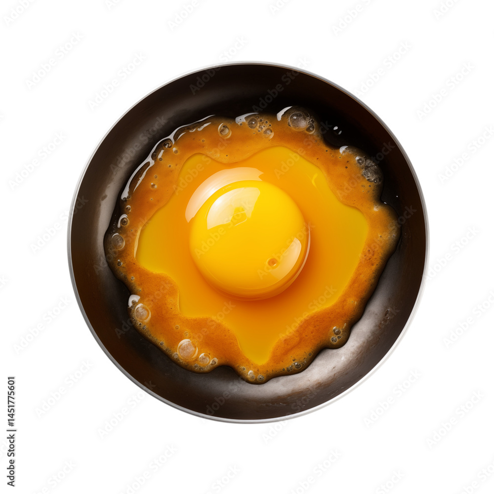 Poster close up of a single raw egg yolk in a dark bowl with some bubbles around the edges on a transparent