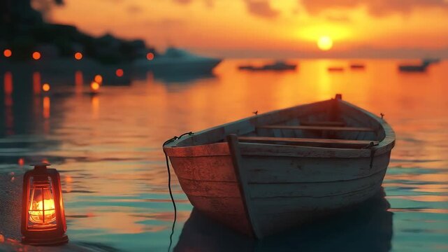 Wooden rowboat on calm water during glowing sunset with lantern