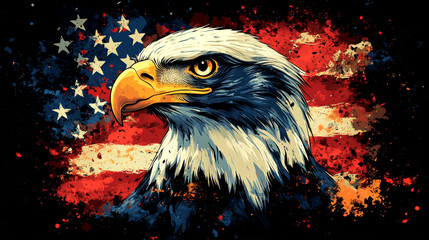 Fototapeta premium Proud Bald Eagle on Flag Art.