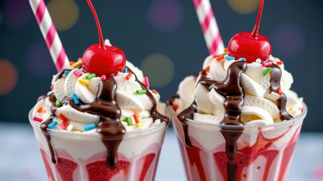 frosty arctic white ice cream sundaes with sprinkles, chocolate syrup, and maraschino cherries, vibrant party atmosphere, Generative AI.