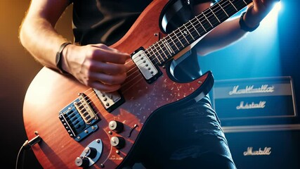 Close-up of a guitarist's hands shredding on an electric guitar with a vintage amplifier, capturing energetic rock performance and musical passion.