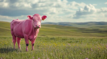 Pink cow in a grassy field