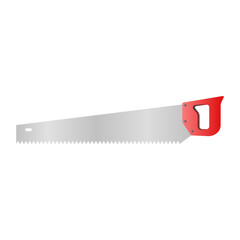 Sharp Red Handle Saw Vector on White Background. Metal Hand Saw for Cutting Wood.